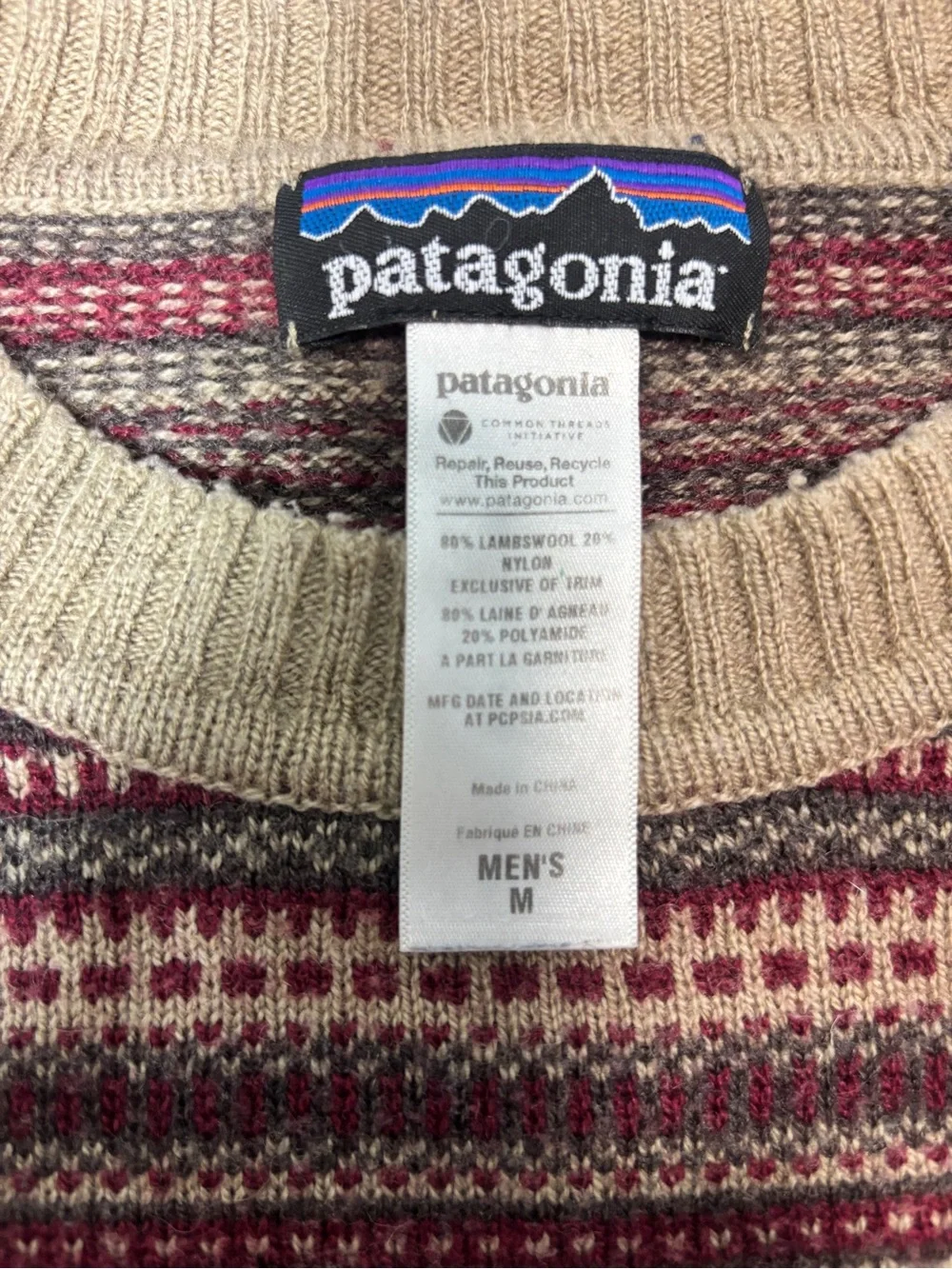Patagonia Crewneck Sweater in Beige with Burgundy Fair Isle Yoke